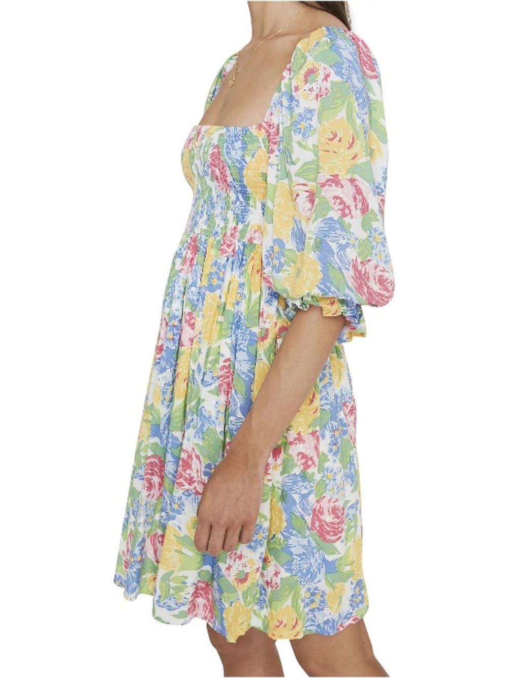 Faithfull the Brand Floral Mini Dress in White, Yellow, Blue, Pink, Green